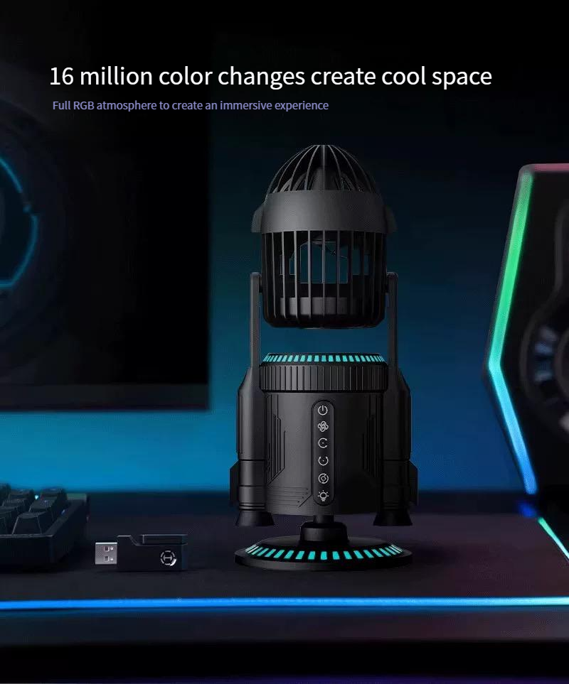 Rocket creative fan office desktop shaking head spray silent usb charging strong wind dual drive spray system RGB colorful silent multifunctional fan to send boyfriend practical graduation season gift