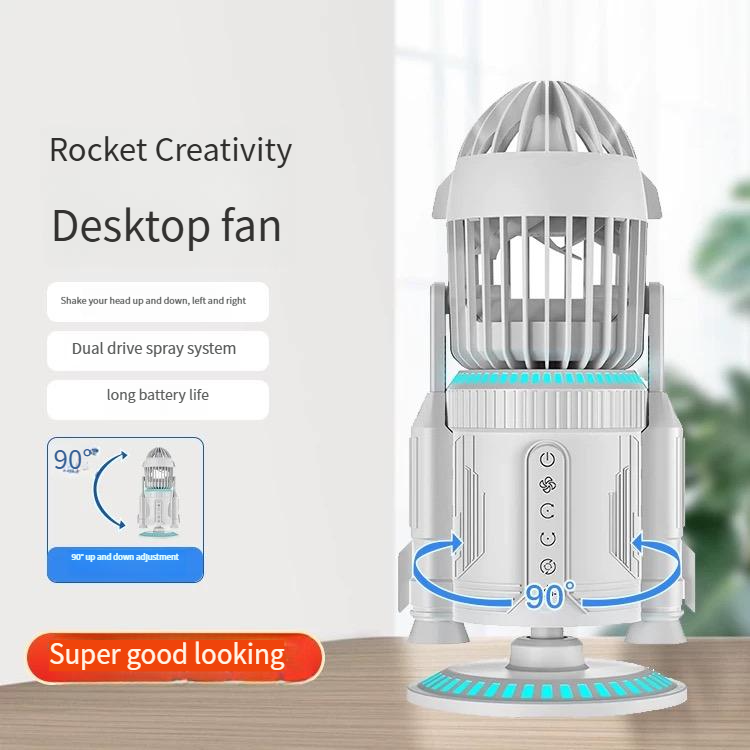 Rocket creative fan office desktop shaking head spray silent usb charging strong wind dual drive spray system RGB colorful silent multifunctional fan to send boyfriend practical graduation season gift