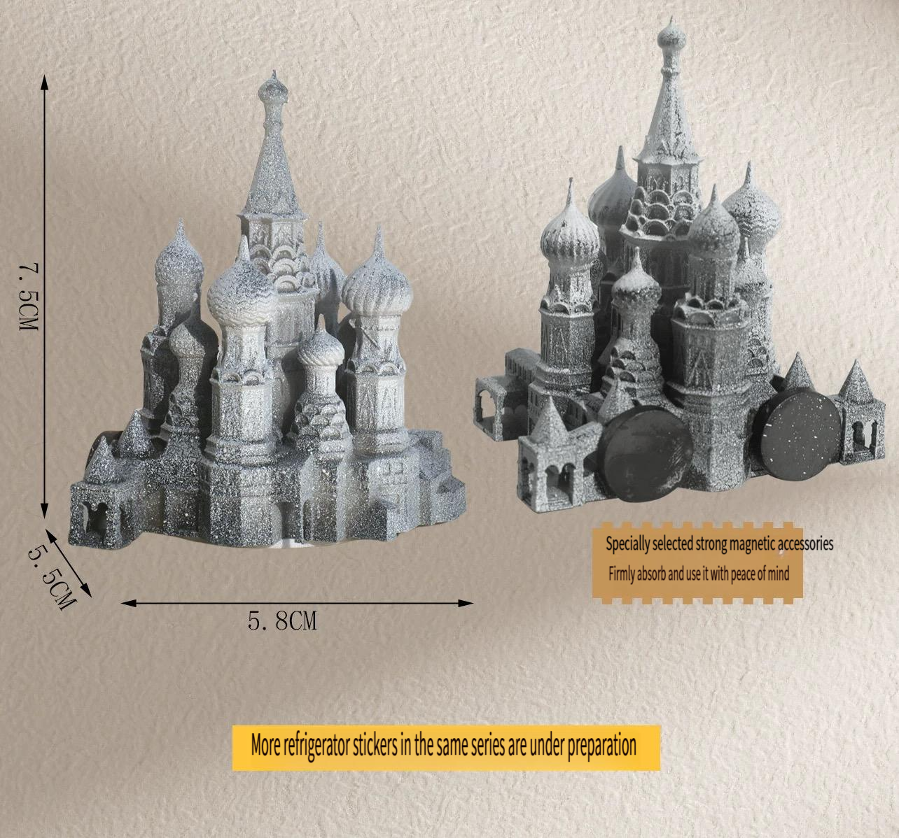 Glowing castle fridge magnet, a souvenir from St. Basil's Cathedral in Russia