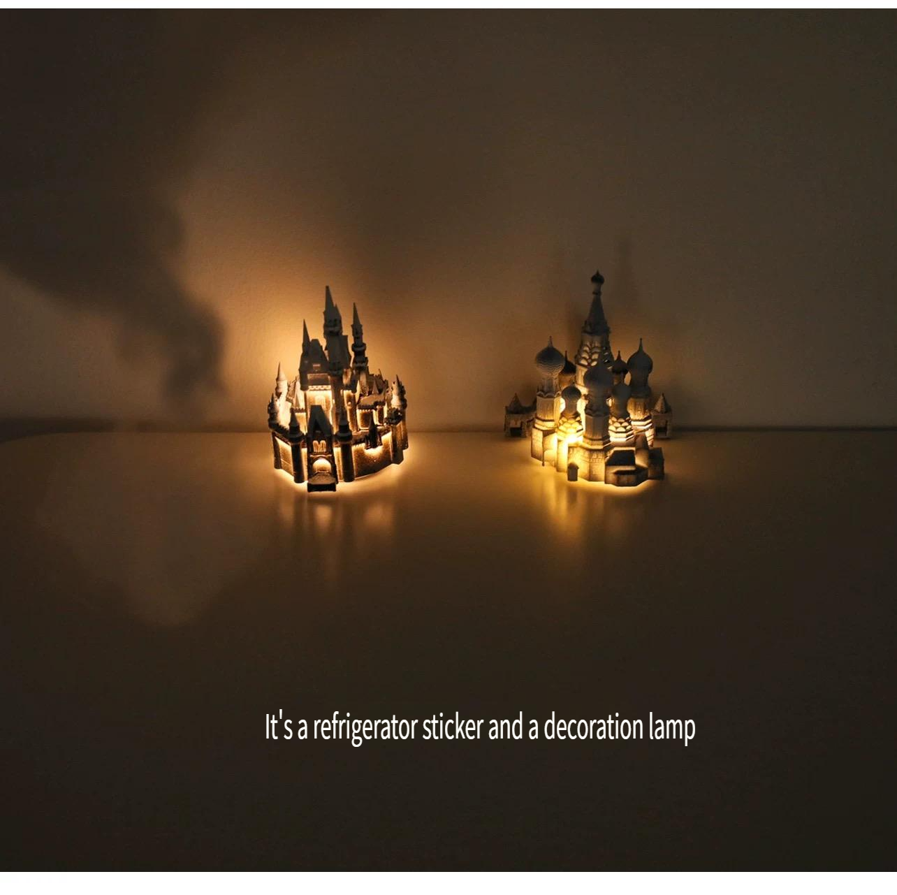 Glowing castle fridge magnet, a souvenir from St. Basil's Cathedral in Russia