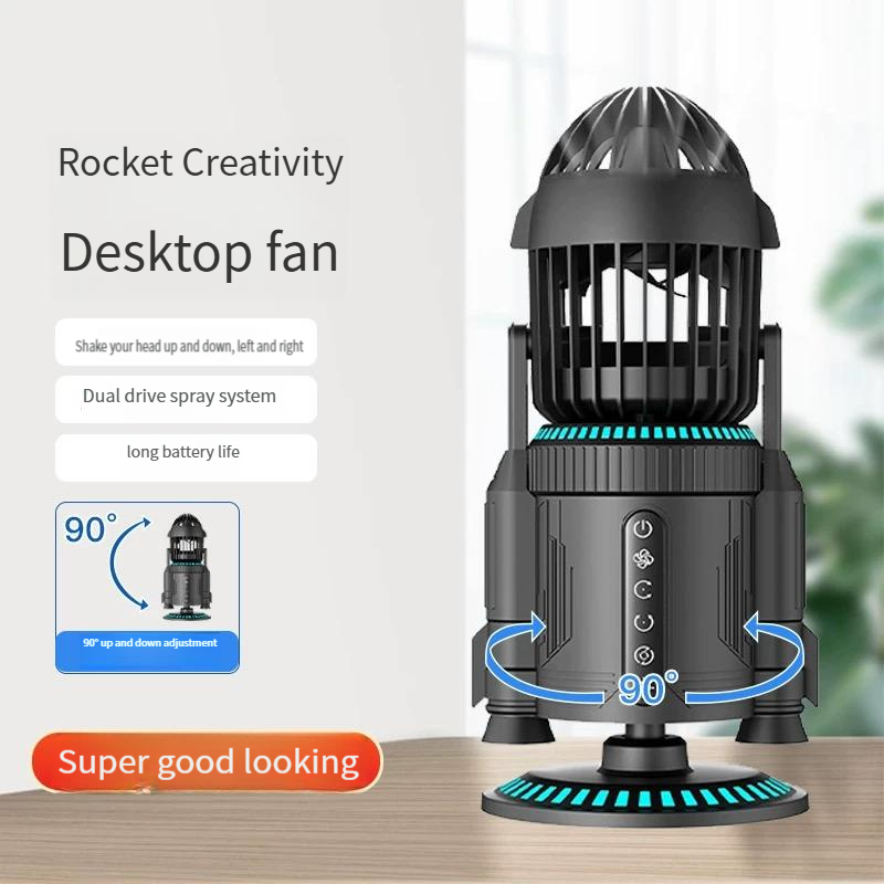 Rocket creative fan office desktop shaking head spray silent usb charging strong wind dual drive spray system RGB colorful silent multifunctional fan to send boyfriend practical graduation season gift